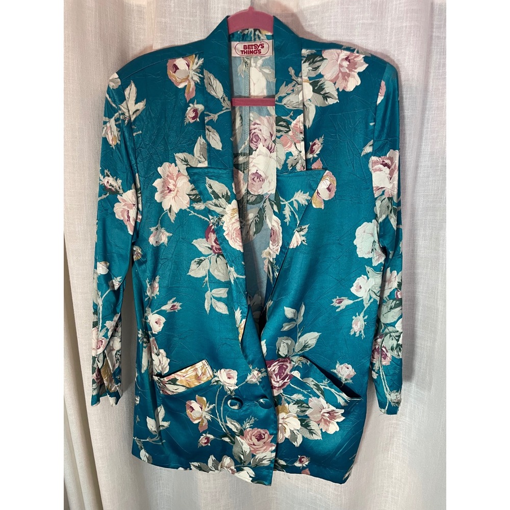 Vintage Betsy's Things Size Large Floral Blazer Teal Pink Roses 80s GUC